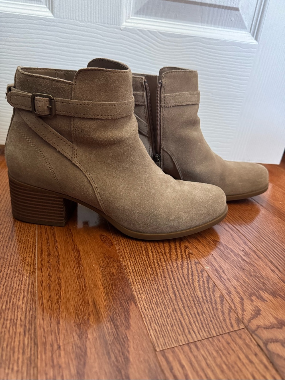 Koolaburra Taupe Suede Ankle Booties with Buckle Strap